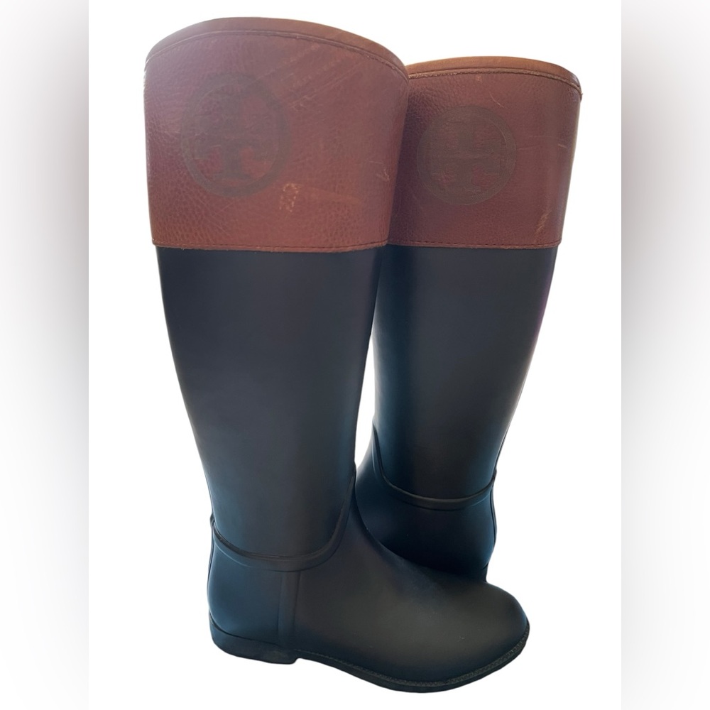 Tory Burch Diana Rubber Riding Boot Women's 8 2 Tone Black/Brown‎ With Box READ✅
